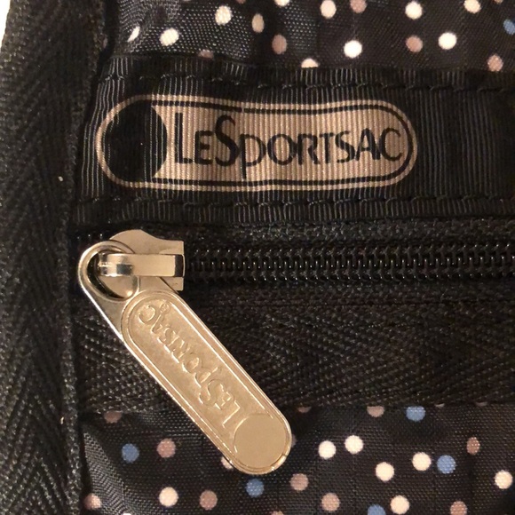 LeSportsac polka dot black zipper cross body bag w lt blue, white, and tan dots - Picture 3 of 14